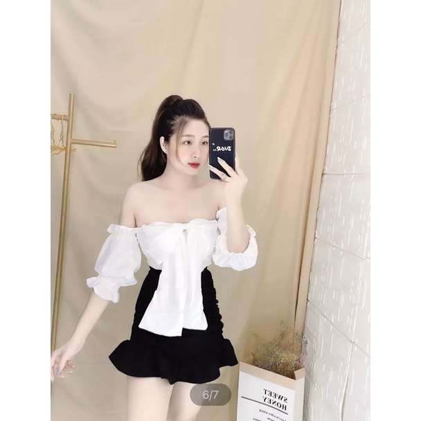 ÁO NƠ XINH TAY PHỒNG CỰC CHẤT / ÁO BẸT VAI NƠ TO / ÁO TAY BỒNG A30