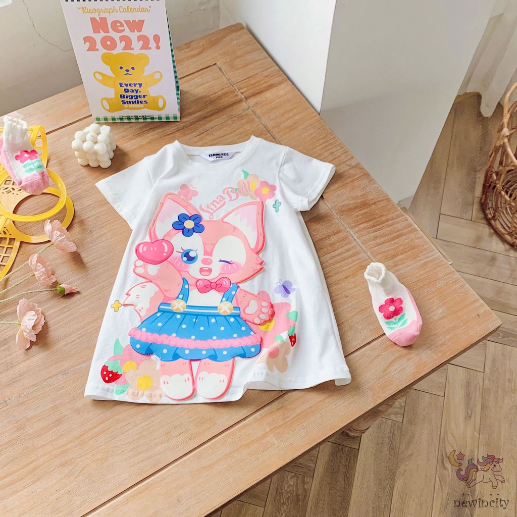 Đầm Cotton Tay Ngắn In Họa Tiết Hoạt Hình Phong Cách Hàn Quốc Thời Trang Mùa Hè Cho Bé Gái