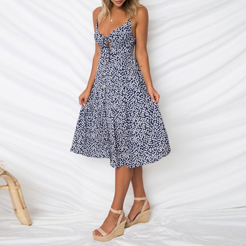 Xiangbao Đầm Chữ A Hở Lưng Cài Nút Trước Cổ Chữ V Thời Trang Mùa Hè Cho Nữ