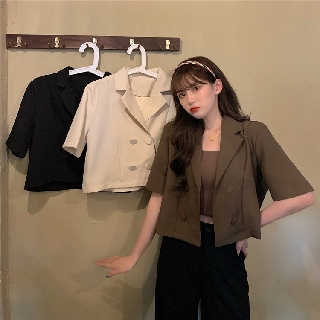 Áo Cardigan Ngắn Tay Lửng Eo Cao Cài Hai Hàng Nút Phong Cách Mới Dễ Phối Đồ