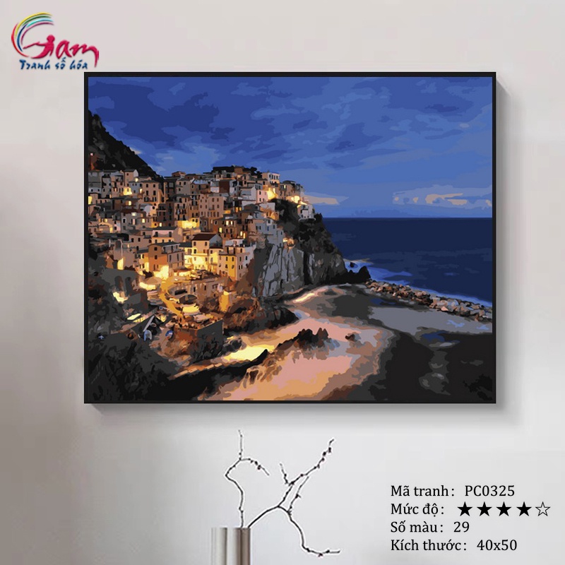 Tranh tô màu theo số phong cảnh bờ biển Manarola có căng khung 40x50cm PC0325