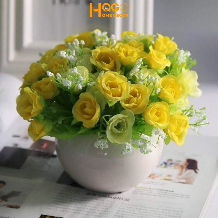 Chậu hoa giả, chậu hoa mini kích thước cao 12-15cm cm cắm sẵn nhiều mẫu hoa