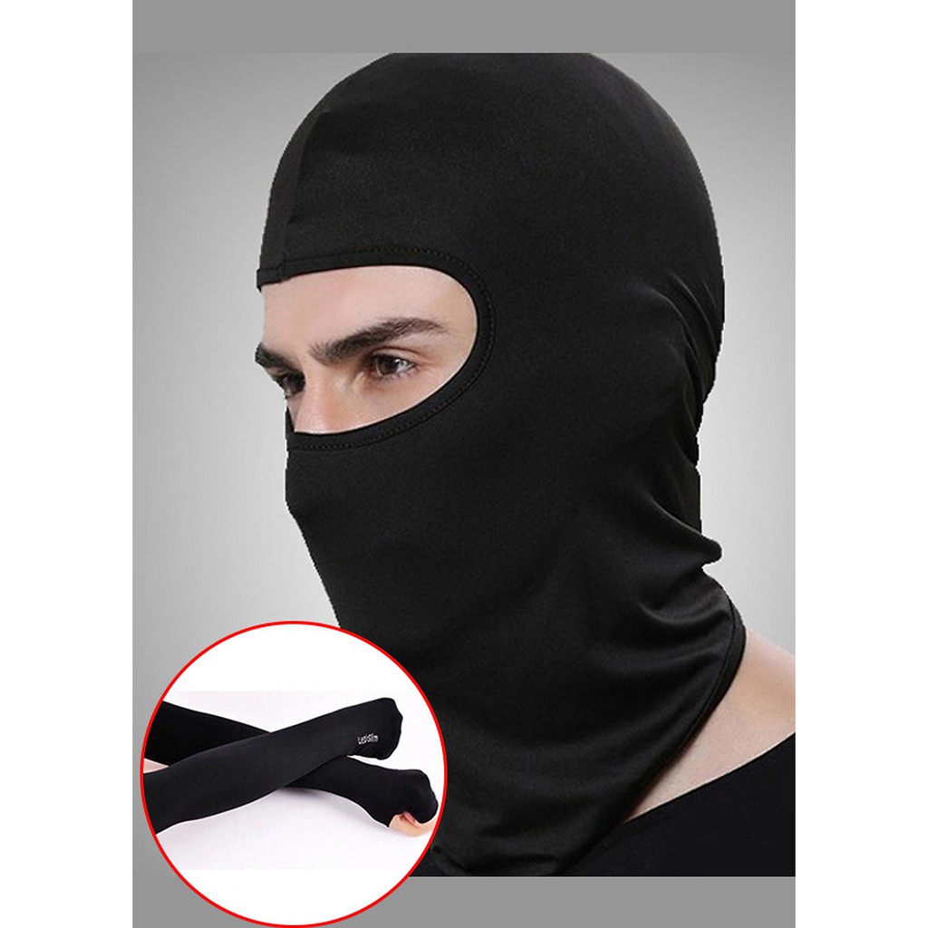 combo Khăn trùm đầu Ninja Fullface và  Găng Tay Chống Nắng Xỏ Ngón màu đen