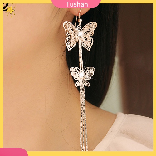 Cặp khuyên tai dây tua dài hình bướm đính đá thời trang cho nữ