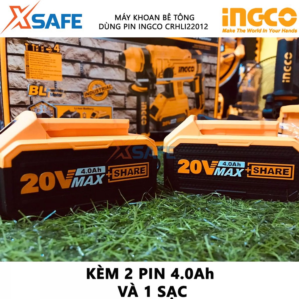 Máy khoan bê tông dùng pin 20V INGCO CRHLI22012 không chổi than, tốc độ 1350v/p, lực đập 1.5J, kèm 2 pin 4Ah 1 sạc