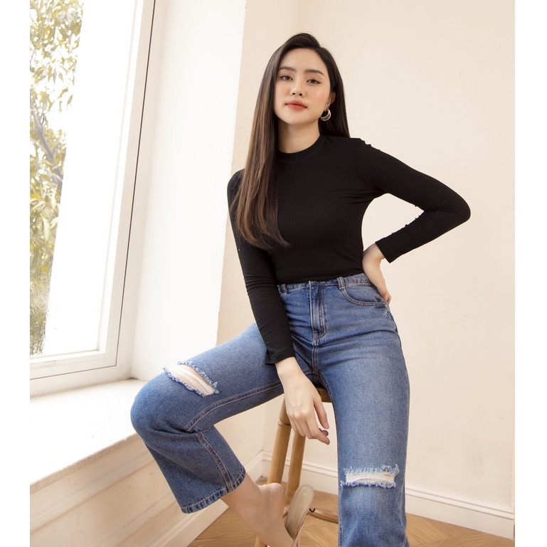 Quần Jeans Nữ Dáng Dài Ống Vảy Rách Gối Genviet Jeans Loe Nhẹ Cạp Cao XQ124J1298