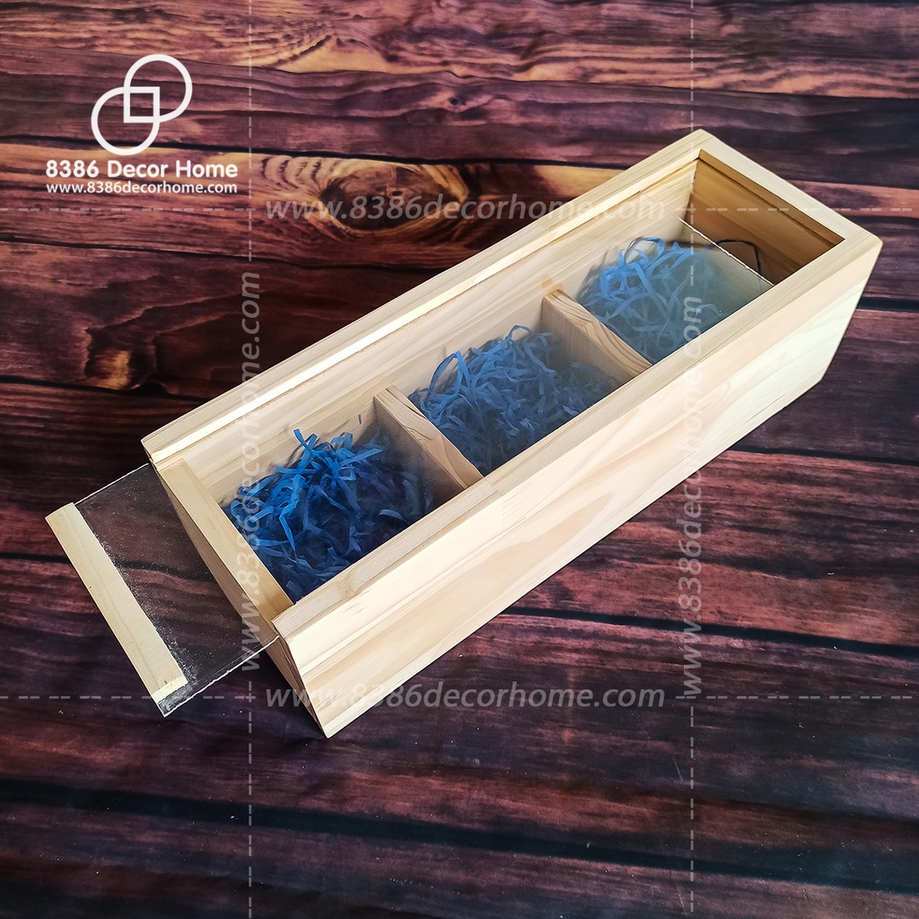 Khay gói quà bằng gỗ pallet/ hộp gỗ 3 ngăn đựng quà tết mặt mica trong suốt (nhận kích thước theo yêu cầu)