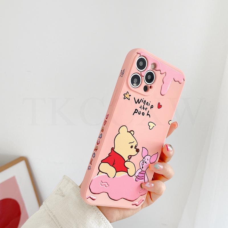 Casing OPPO R17 R15 Reno 4Z A92S A53 A33 A9 A5 2020 A12e AX5 A3S F11 Find X2 Lite NEO Fashion Side Printing Square Phone Case Cartoon Winnie the Pooh Matte Soft Liquid Silicone Cover