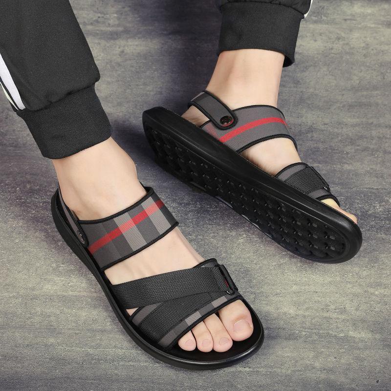 Sandal Nam Kẻ Sọc Đỏ Ghi - Dép Quai Hậu Kiểu Dáng Thời Trang Xu Hướng Mới