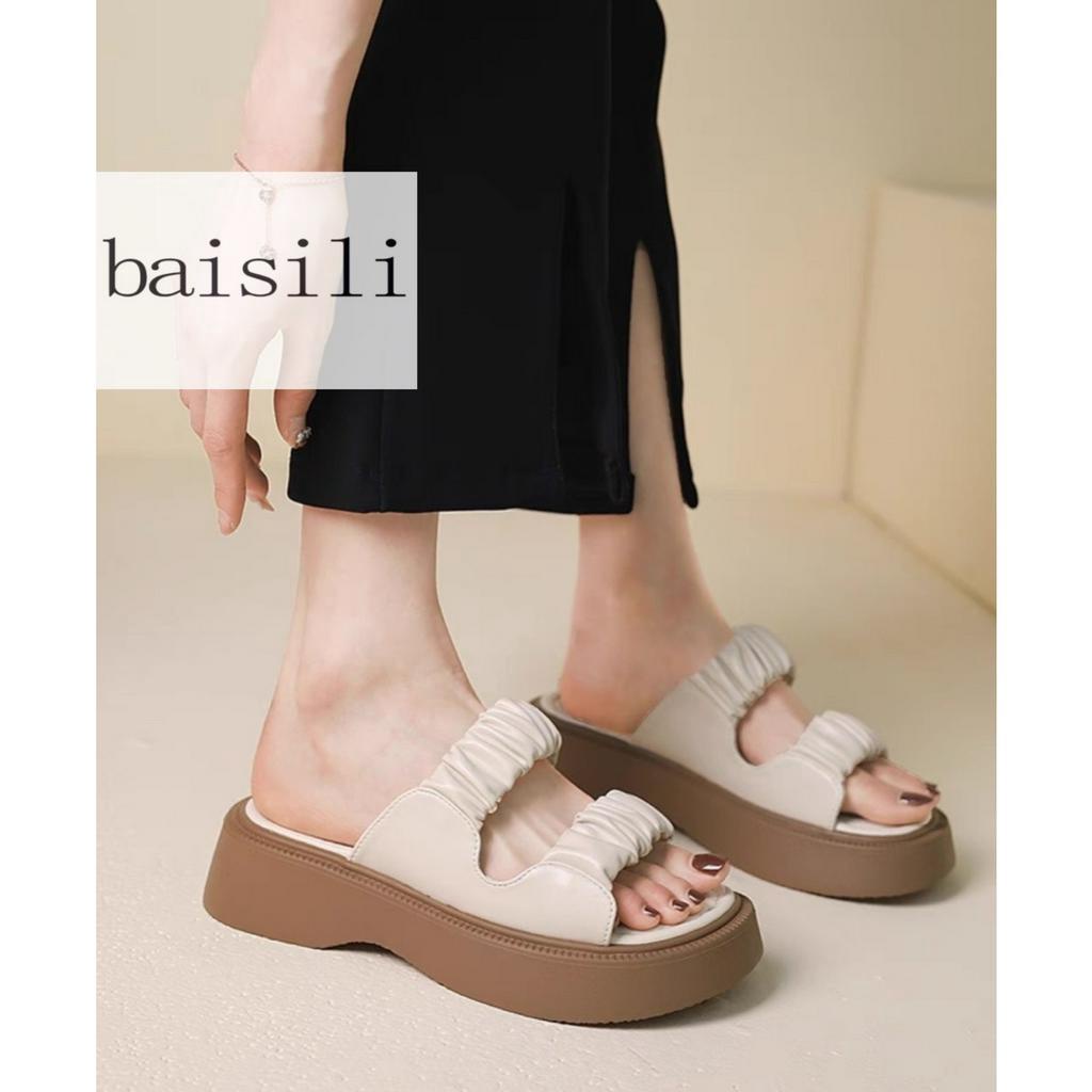 DÉP XUỒNG BAISILI - DÉP THỜI TRANG NỮ PHONG CÁCH NỮ TÍNH HAI QUAI NGANG NHÚM BÈO ĐẾ NÂU ĐỘN BD230315