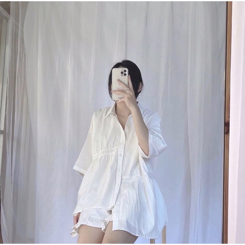 Áo sơ mi cộc tay vạt lệch nhún cách điệu ( Ảnh thật ) | BigBuy360 - bigbuy360.vn