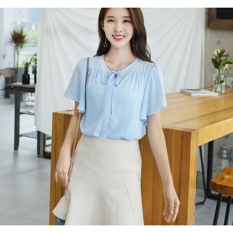 ÁO TAY NGẮN CỔ TRÒN DÂY NƠ CỔ - mã SSL1209