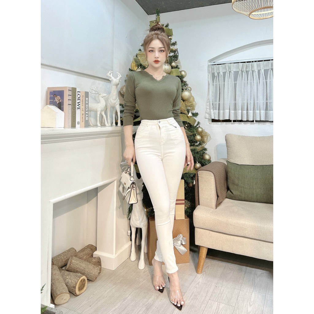 Quần jeans dài ống ôm nữ CRAZYTEEN lưng cao thanh lịch K0059
