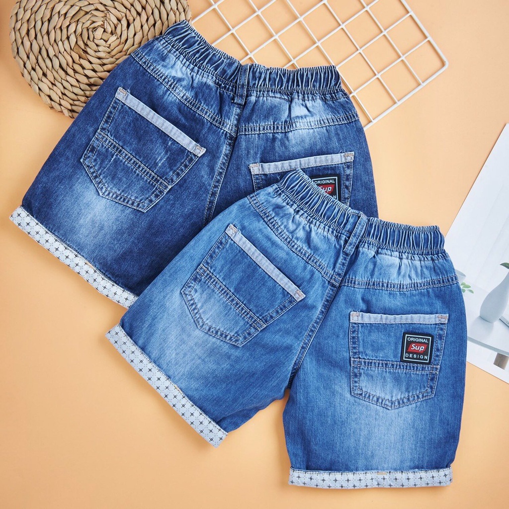 Quần jean trẻ em TrueKids, quần short jean cho bé trai wash xước size đại đến 40kg