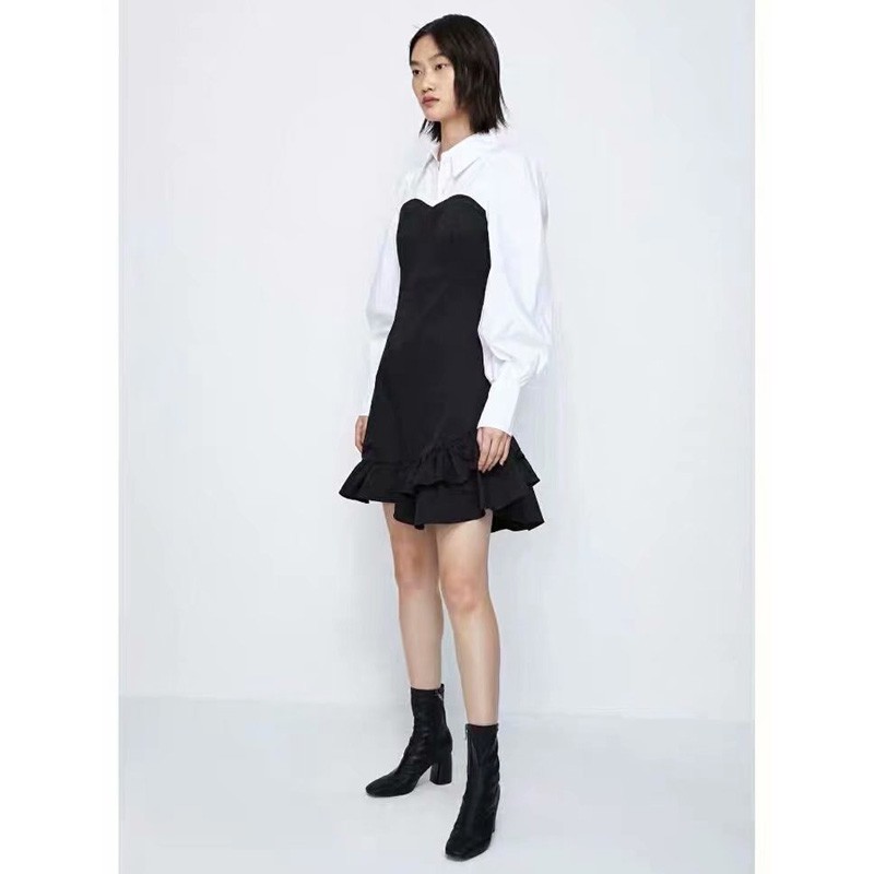 Đầm Zara chemise trắng đen thanh trẻ thanh lịch DT07SMG62N10