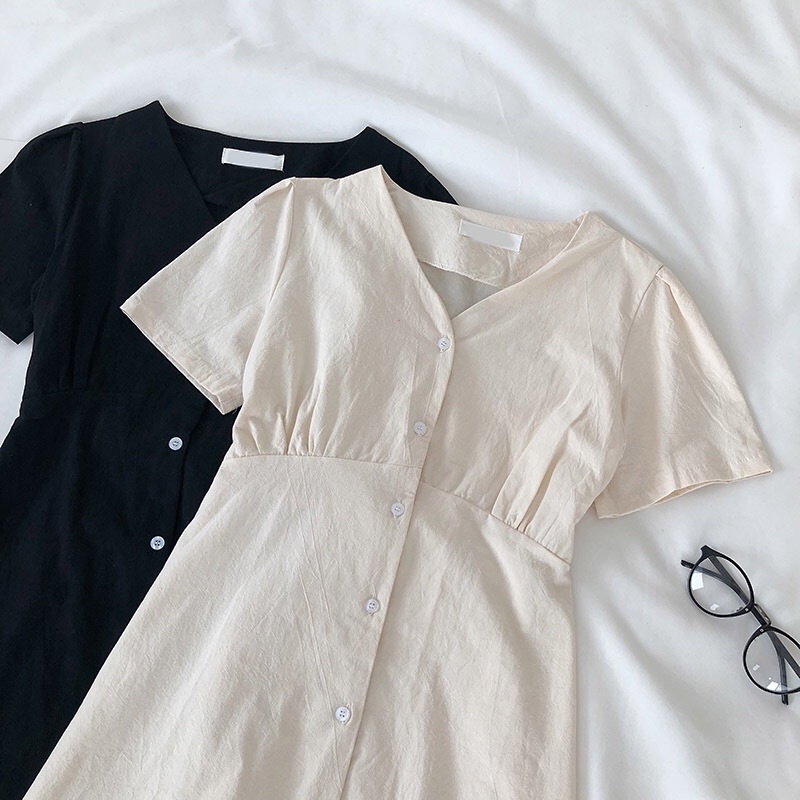 Váy nữ ngắn tay có dây thắt sau lưng, chất đũi thô