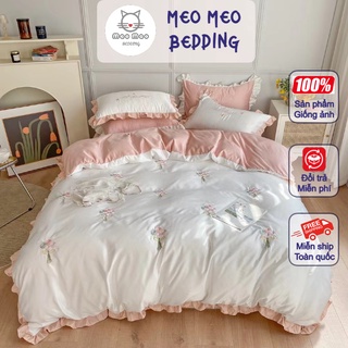 Bộ chăn ga gối phi lụa meo meo bedding thêu họa tiết hoa cúc nhập khẩu cao cấp - phi lụa hoa cúc 4 món