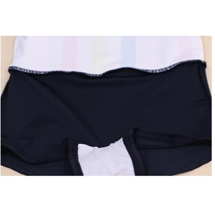 Bộ bơi bé gái dài tay trắng kẻ hồng xanh, liền chân váy, Momasong Korea