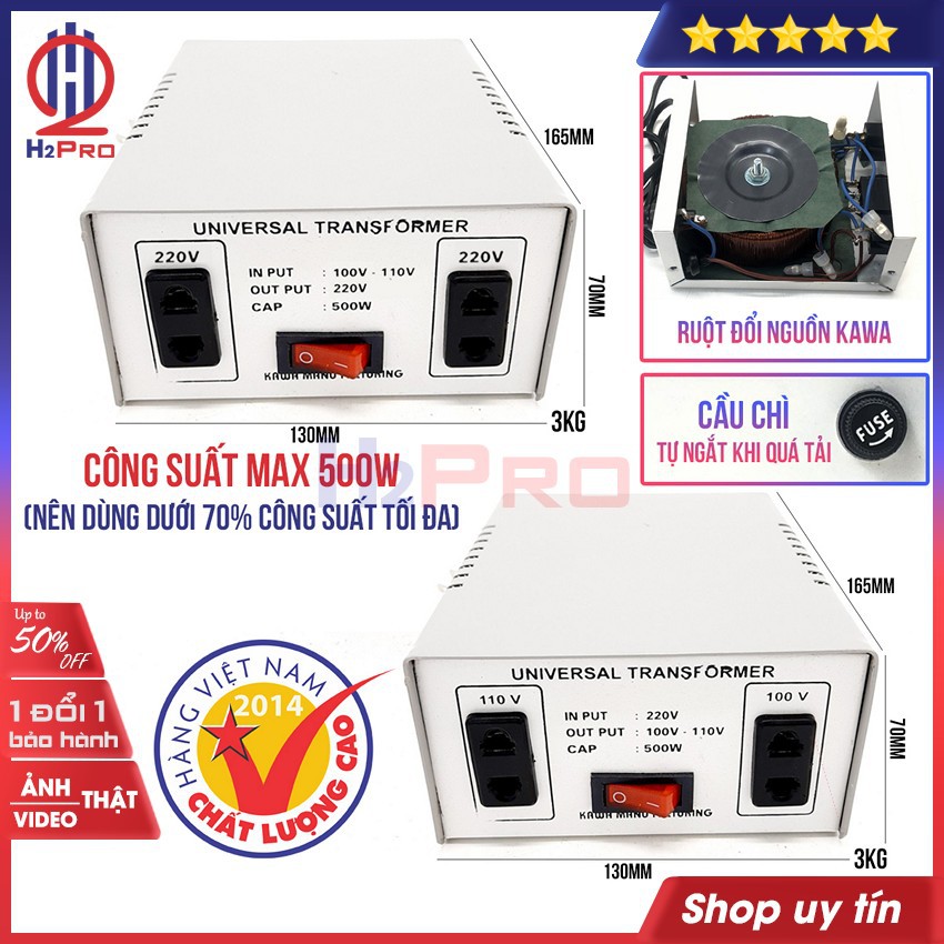 Bộ đổi nguồn 220V sang 110V-100V hoặc đổi nguồn 110V sang 220V KAWA H2Pro 500W cao cấp, chất lượng cao-an toàn