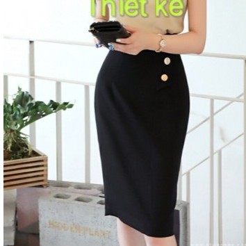 Chân váy bút chì lưng cao thiết kế phối nút phong cách LC19 chất liệu vải nhập có độ co giản tốt. | BigBuy360 - bigbuy360.vn