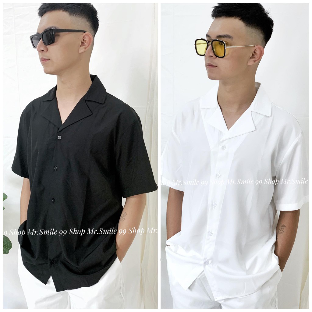 [HÌNH THẬT] ÁO SƠ MI TRẮNG ĐEN BASIC CỔ VEST UNISEX MR SMILE 99 STREET STYLE ULZZANG | BigBuy360 - bigbuy360.vn