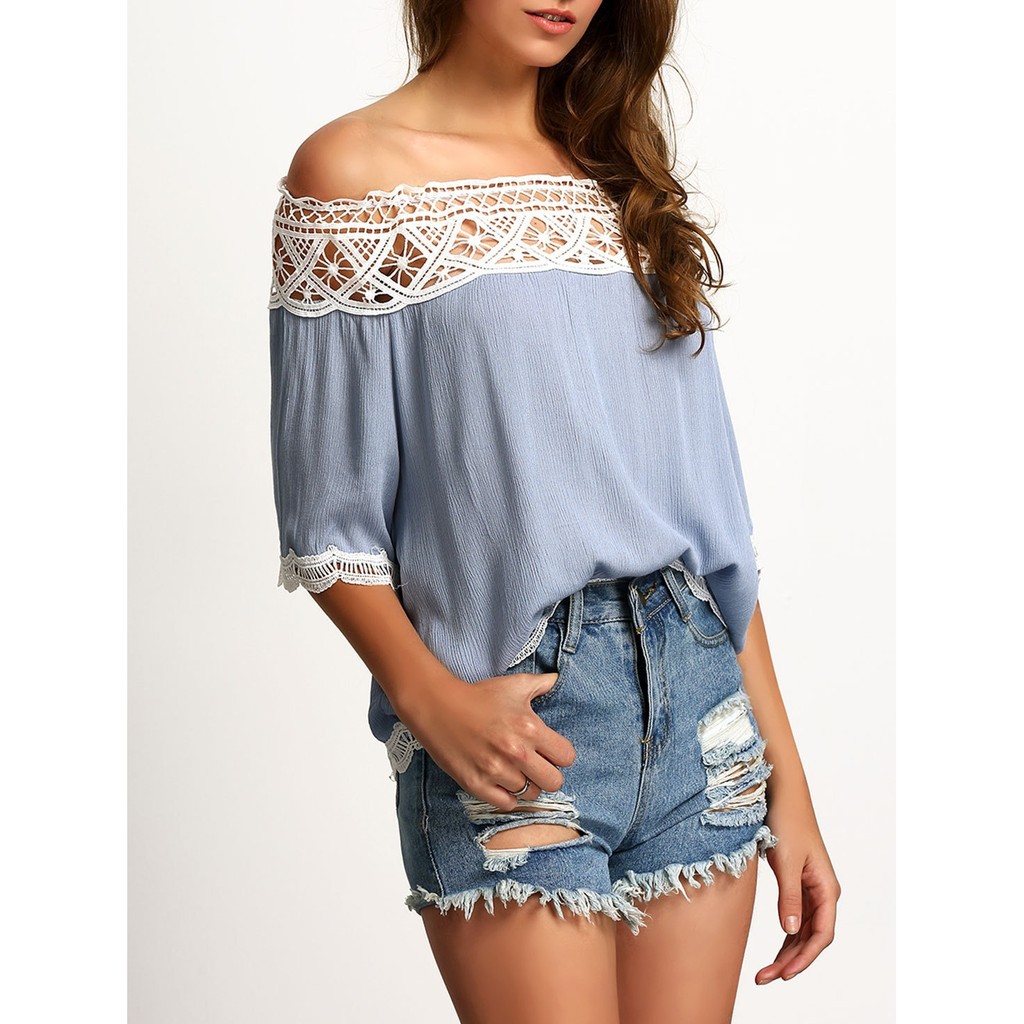 ☛☏❤Fashion Women Sexy Off Shoulder Casual Short Sleeve Lace Slim T-Shirt Top Blouse | BigBuy360 - bigbuy360.vn