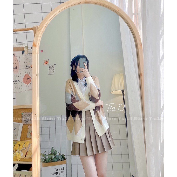 Áo len cadigan hoạ tiết ô trám 2 màu nâu be hàng QC cao cấp Zinstore94 | BigBuy360 - bigbuy360.vn