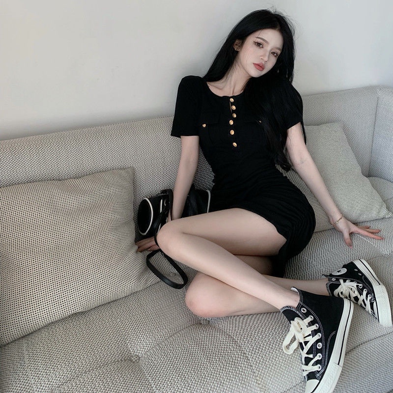 COZOKC COZOK Đầm Tay Ngắn Cổ Tròn Phối Hàng Cúc Đơn Phong Cách Retro Hàn Quốc Trẻ Trung