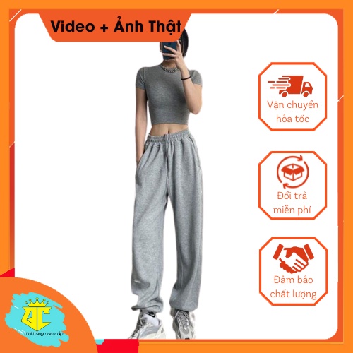 Quần Dài Nữ, Quần Jogger Nữ Chất Nỉ Cotton, Bo Gấu Ống Rộng Phong Cách Thể Thao - 040