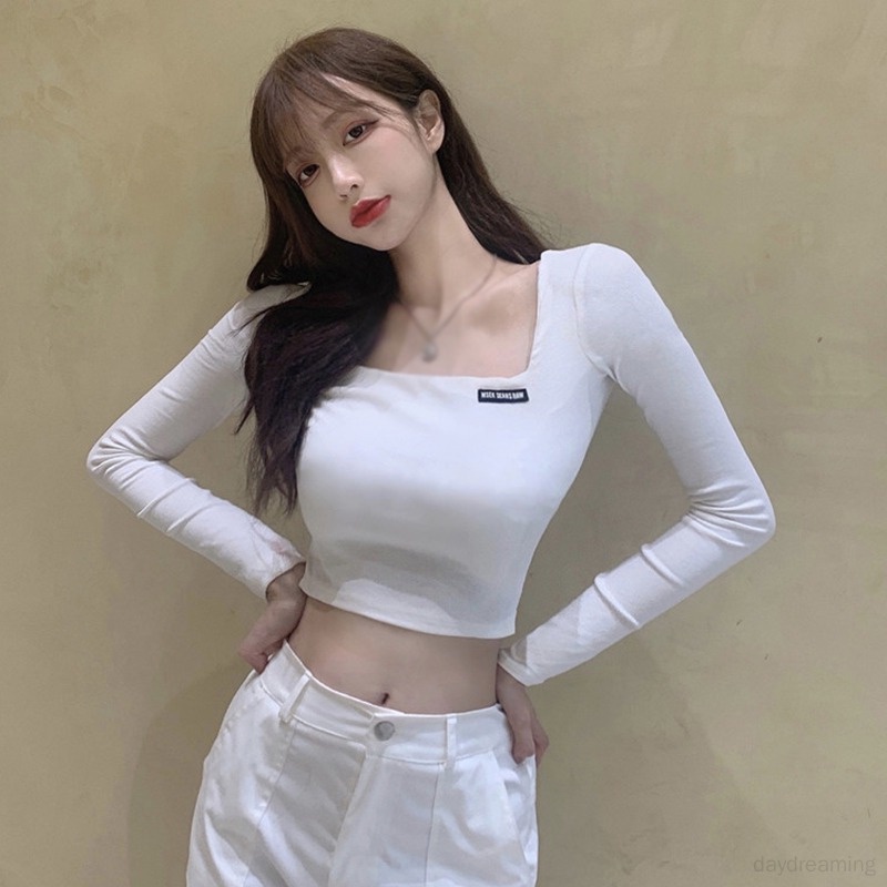Áo Thun Croptop Tay Dài Màu Trơn Thời Trang Cho Nữ