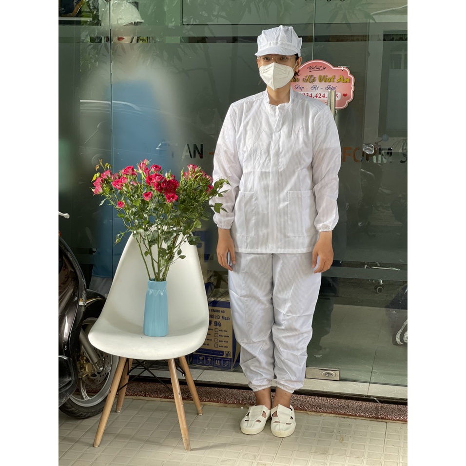 Quần áo đồng phục phòng sạch chống tĩnh điện màu trắng(Cổ trụ) dài tay