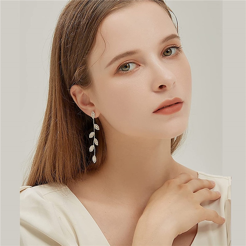 Bông Tai Dáng Dài Hình Chiếc Lá Đính Đá Zircon Sang Trọng Cho Nữ