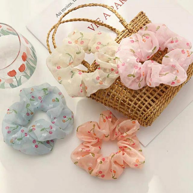 Dây cột tóc scrunchies vải voan họa tiết cherry
