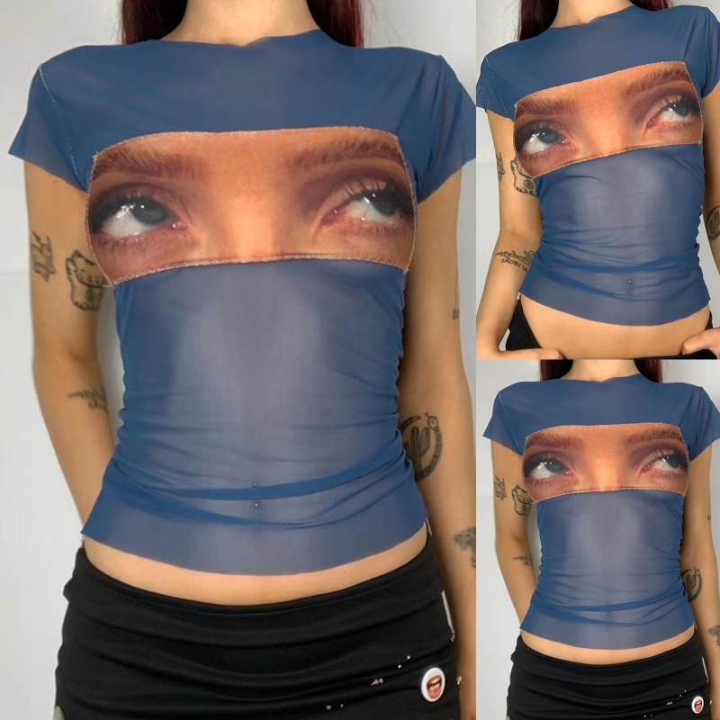 Áo Thun Croptop Tay Ngắn Dáng Ôm In Hình Đôi Mắt Vui Nhộn Phong Cách Harajuku Thời Trang Mùa Hè Cho Nữ