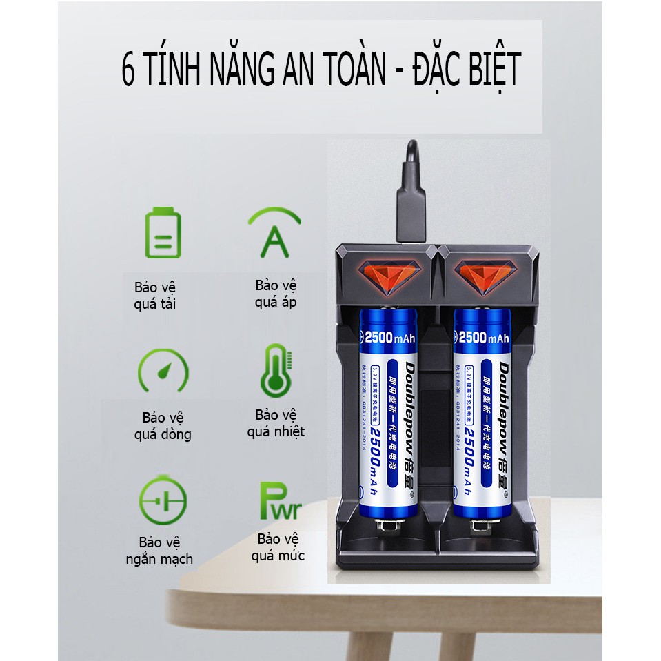 Bộ sạc Pin Lithium 3,7V thông minh Doublepow 2 khe sạc - sạc pin 18650 26650 21700 10440 16340 - UK21 (