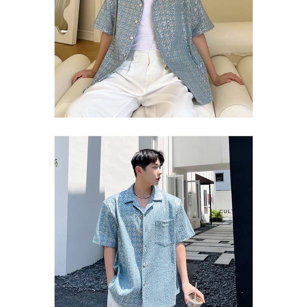 Áo Sơ Mi Denim Tay Ngắn Đính Kim Sa Lấp Lánh Phong Cách Phương Tây Thời Trang Mùa Hè Cho Nam