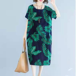 (PE032)Đầm trung niên dáng suông họa tiết lạ cổ tròn tay ngắn form rộng