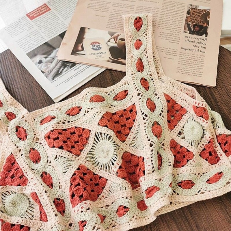 Áo Crop Top Dệt Kim Không Tay Họa Tiết Hình Học Khoét Lỗ Phong Cách Bohemian Mùa Hè Cho Nữ