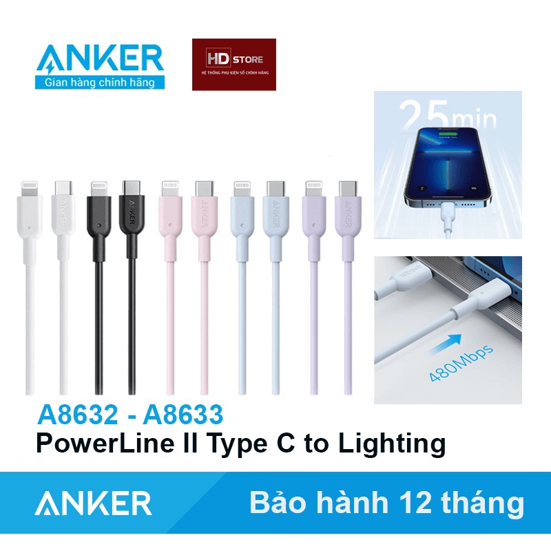 Cáp IP Anker Powerline II Type C To Lighting Sạc nhanh 20W 30W - A8632/A8633 Trắng Đen Xanh Tím Hồng