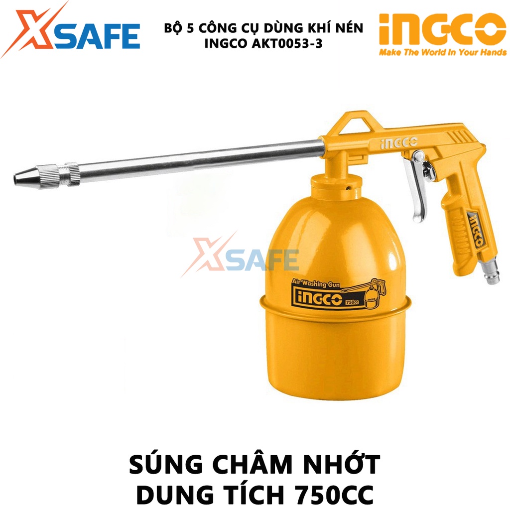 Bộ 5 công cụ dùng khí nén INGCO AKT0053-3 Dụng cụ xịt hơi 5 chi tiết, đầu nối kiểu Nitto, dây hơi xoắn kèm đầu nối 4m