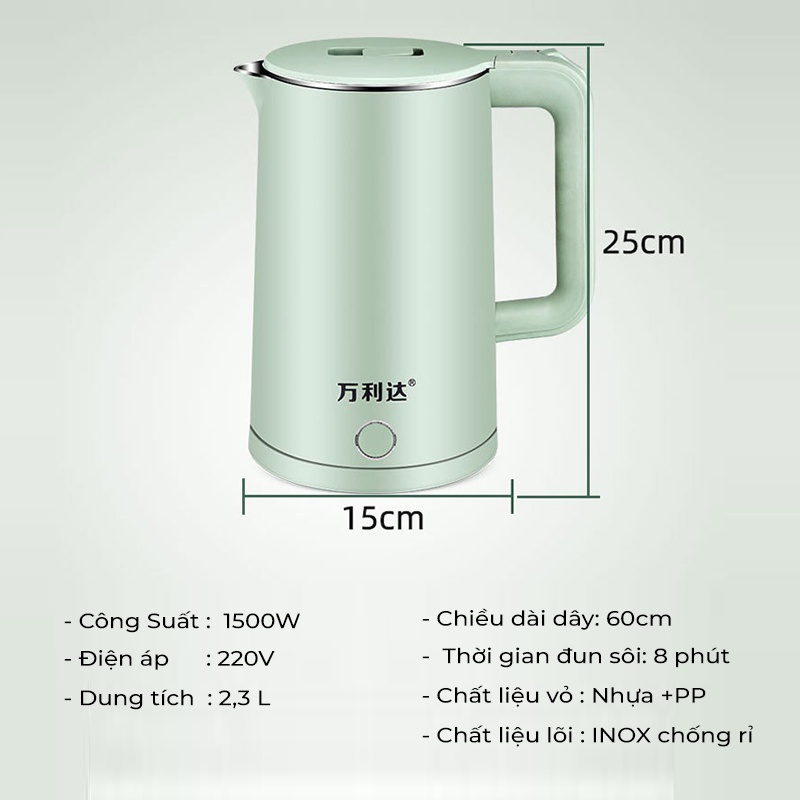 Ấm siêu tốc dung tích 2300ml, CHỈ 3 PHÚT SÔI, tự ngắt khi sôi, cách nhiệt tốt, bình đun nước an toàn, tiện lợi