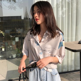 Xiaozhainv Áo sơ mi nữ tay ngắn in họa tiết phong cách retro Hàn Quốc