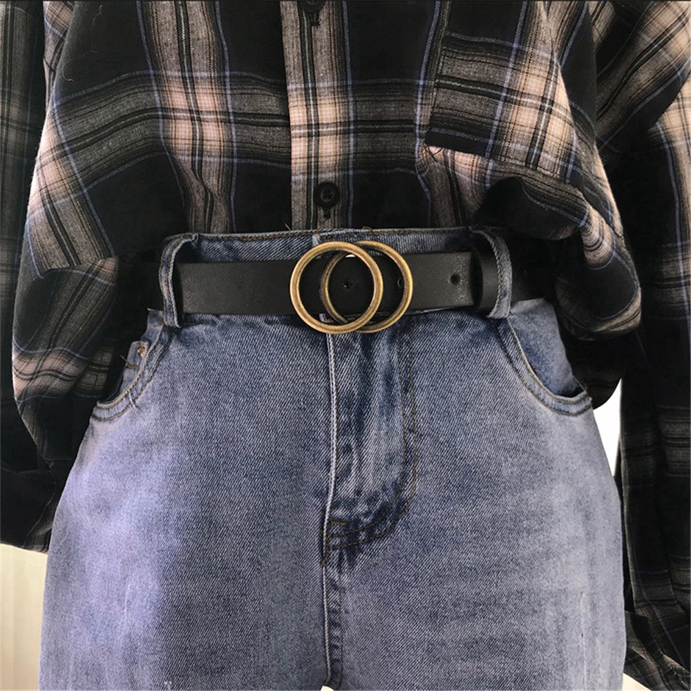 XIJING-COD Korean Fashion Woman Metal Double Ring  Leather Belt INS Girls Jeans Belt 105cm