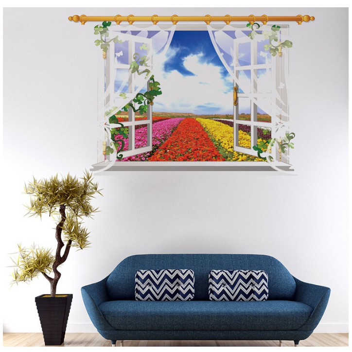 Decal trang trí cửa sổ 3D 60x90cm luống hoa sắc màu