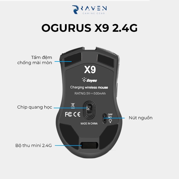 Chuột gaming không dây Ogurus X9, chuột máy tính không dây wireless pin sạc cho game thủ - Raven Gaming Gear