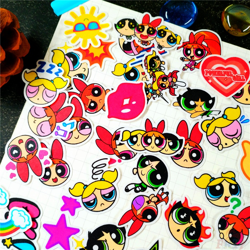 ★★★ Sticker Dán Trang Trí Nhật Ký Hình Powerpuff Girls Q-1 ★★★ Bộ 60 Hình Dán Thời Trang Trang Trí Album