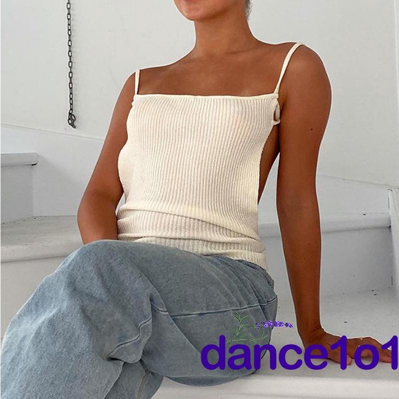 Áo Tank Top Hở Lưng Dệt Kim Khiêu Vũ1O1-Y2K Cho Nữ