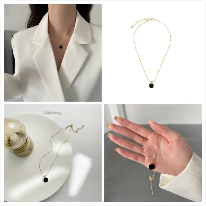 Dây chuyền mặt vuông đính đá nhân tạo đen thời trang dành cho nữ