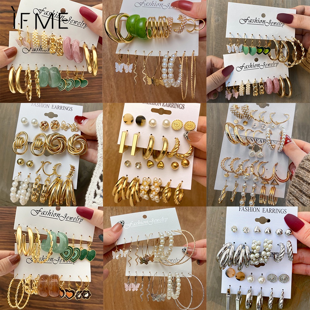 IF ME Bộ 2 Bông Tai Hình Tròn Họa Tiết Bướm/Rắn/Rắn Màu Vàng/Bạc Đính Ngọc Trai Thời Trang Dành Cho Nữ