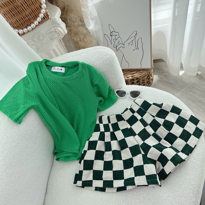 SET PULL XANH + SHORT KẺ Ô